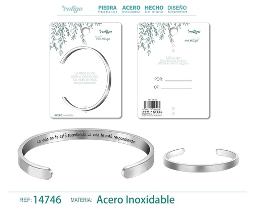 [14746] Brazalete de acero con mensaje en español - Bisutería para regalos y frases