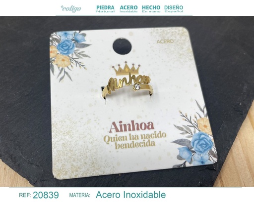 [20839] Anillo de acero con nombre "Ainhoa" color dorado - Anillos personalizados