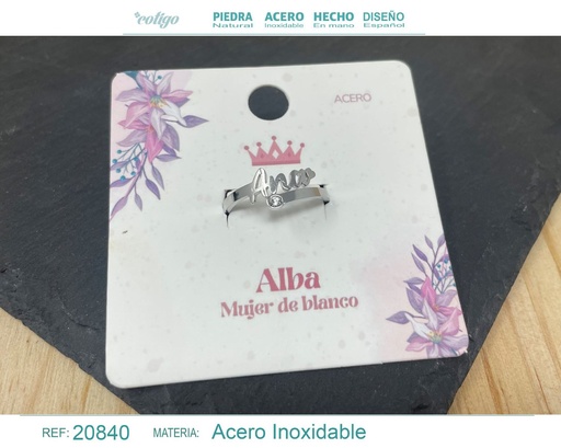 [20840] Anillo de acero con nombre "Alba" color plateado - Anillos personalizados