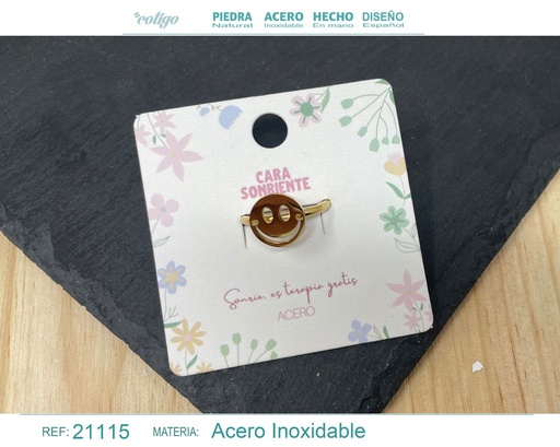 [21115] Anillo cara sonriente de acero dorado - Joyería divertida y alegre