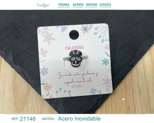 [21146] Anillo calavera de acero plateado - Joyería gótica y audaz