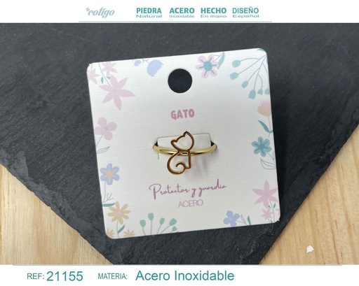 [21155] Anillo gato de acero dorado - Joyería divertida y para amantes de gatos