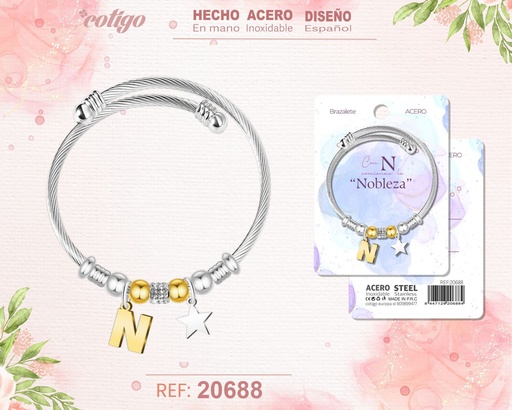 [20688] Brazalete de acero con letra N - Joyería personalizada moderna