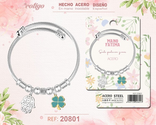 [20801] Brazalete de acero con: Mano de Fátima - Joyería protectora y simbólica