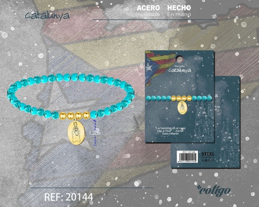 [20144] Pulsera turquesa elástica con Virgen de Montserrat de acero dorado - Joyería regional