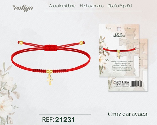 [21231] Pulsera hilo encerado con cruz de Caravaca de acero dorado - Joyería religiosa