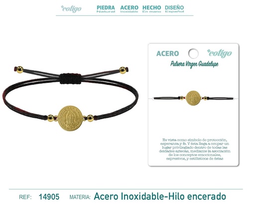 [14905] Pulsera de hilo encerado negro con la Virgen Guadalupe dorada - Joyas religiosas