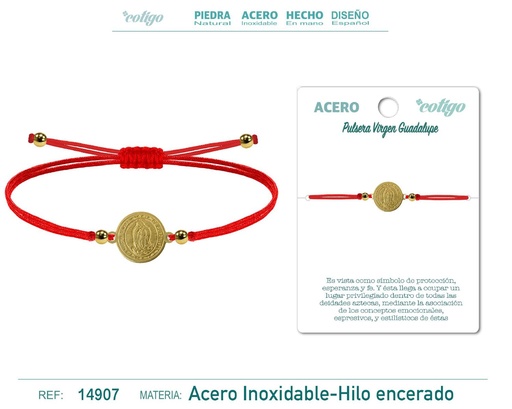 [14907] Pulsera de hilo encerado rojo con la Virgen Guadalupe dorada - Joyas religiosas