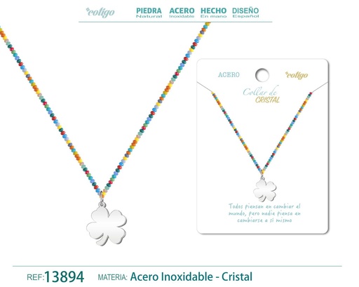 [13894] Collar de cristal con trébol de la suerte de acero - Accesorios simbólicos