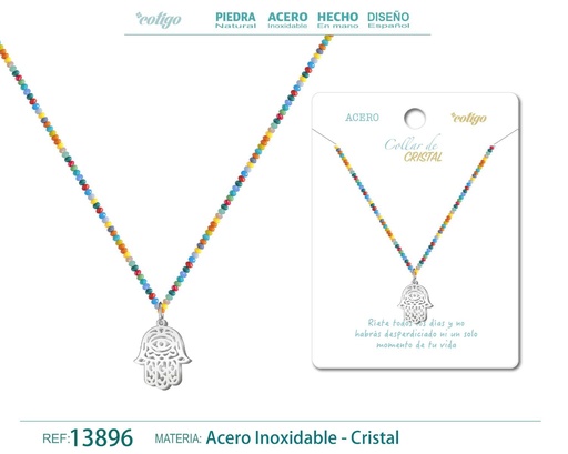 [13896] Collar de cristal con mano de Fátima de acero - Joyería protectora