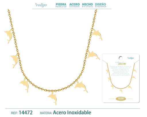 [14472] Collar dorado con 7 colgantes de delfín - Joyería de acero y accesorios marinos