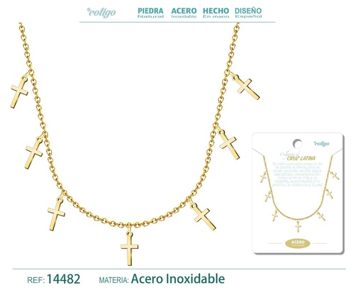 [14482] Collar dorado con 7 colgantes de cruz - Joyería de acero y simbolismo religioso