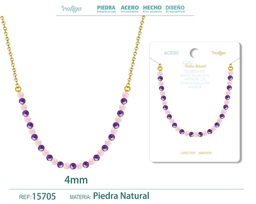 [15705] Collar de cuarzo rosa y amatista 4mm - Joyería de minerales y elegancia