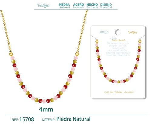 [15708] Collar de carneola, jade amarillo y cuarzo rosa 4mm - Joyería de minerales y elegancia