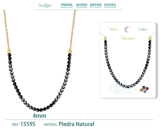 [15595] Collar de obsidiana 4 mm - Joyería de piedra natural y acero