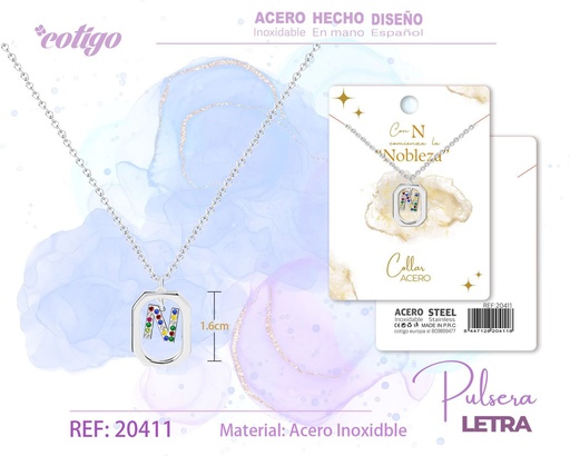 [20411] Collar con letra N plateado y circonitas - Joyería elegante