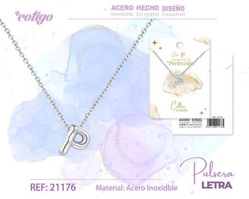 [21176] Collar con letra P en acero plateado - Joyería moderna