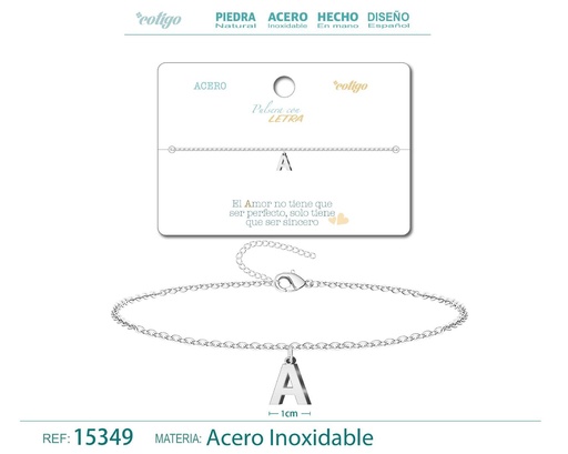 [15349] Pulsera de acero con letra "A" color plateado - Pulseras de letras