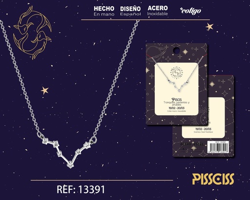 [13391] Collar mapa estelar del zodiaco Piscis plateado con strass - Joyería zodiacal