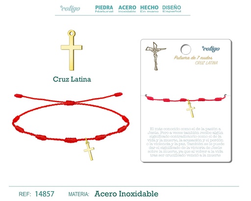 [14857] Pulsera de 7 nudos con cruz en acero dorado - Joyería y accesorios