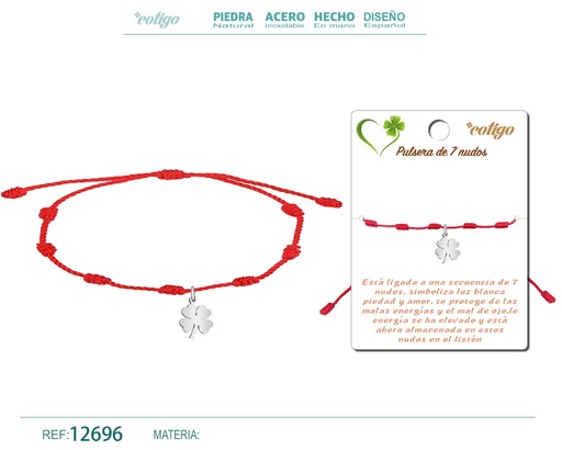 [12696] Pulsera de 7 nudos con trébol de la suerte acero plateado - Joyería de nudos