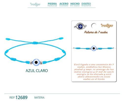 [12689] Pulsera 7 nudos azul con ojo turco - Pulsera de nudos