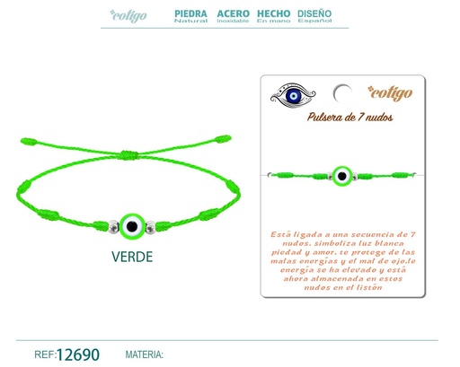 [12690] Pulsera 7 nudos verde con ojo turco - Pulsera de nudos