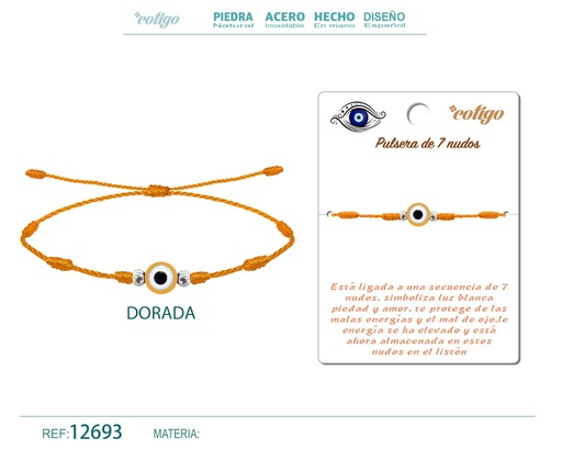 [12693] Pulsera 7 nudos dorada con ojo turco - Pulsera de nudos