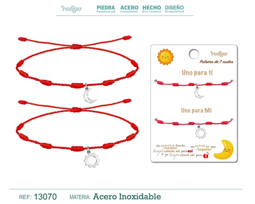 [13070] Pulsera de 7 Nudos con Luna y Sol en acero plateado - Pulseras de amistad para parejas