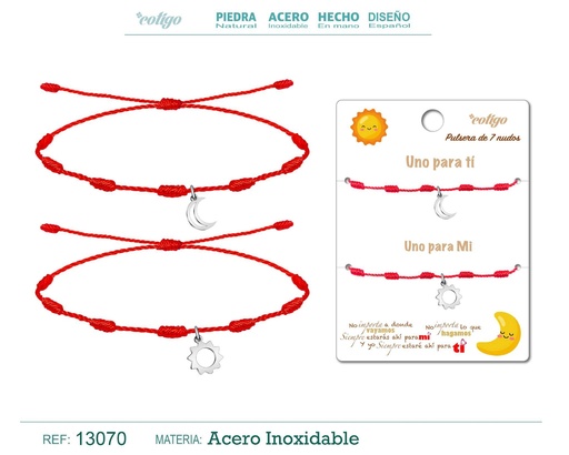 [13070] Pulsera de 7 nudos con luna y sol en acero plateado - Joyería de amistad para parejas 
