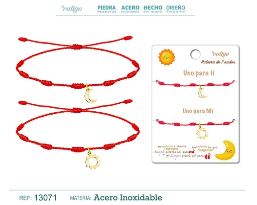 [13071] Pulsera de 7 Nudos con Luna y Sol en acero dorado - Pulseras de amistad para parejas