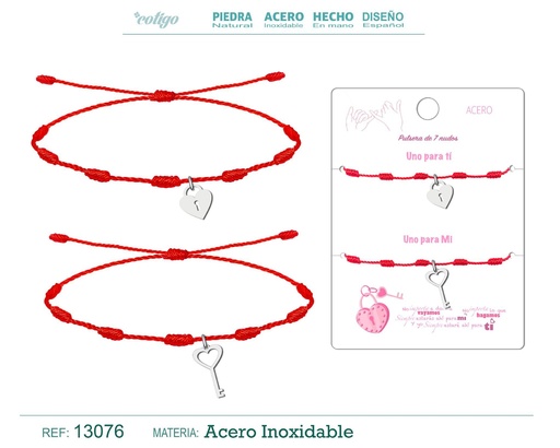 [13076] Pulsera de 7 nudos con llave y candado en acero plateado - Joyería de amistad para parejas 