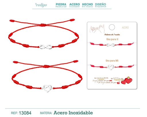 [13084] Pulsera de 7 Nudos con Corazón e Infinito en acero plateado - Pulseras de amistad para parejas