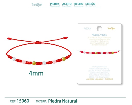 [15960] Pulsera de 7 Nudos con Jade amarillo, Cuarzo rosa y Cuarzo blanco 4mm - Pulseras de piedras naturales