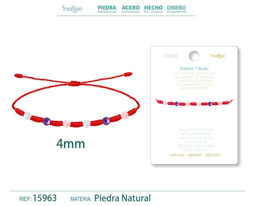 [15963] Pulsera de 7 Nudos con Cuarzo rosa, Amatista y Cuarzo blanco - Pulseras de piedras naturales