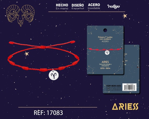 [17083] Pulsera de 7 Nudos con Aries en acero color plateado - Pulseras zodiacales