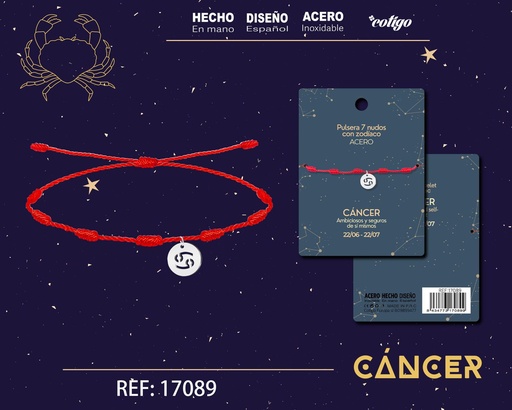 [17089] Pulsera de 7 Nudos con Cáncer en acero color plateado - Pulseras zodiacales