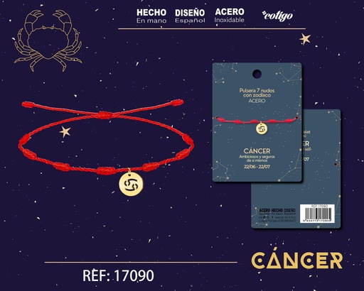 [17090] Pulsera de 7 Nudos con Cáncer en acero color dorado - Pulseras zodiacales