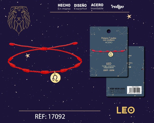 [17092] Pulsera de 7 Nudos con Leo en acero color dorado - Pulseras zodiacales