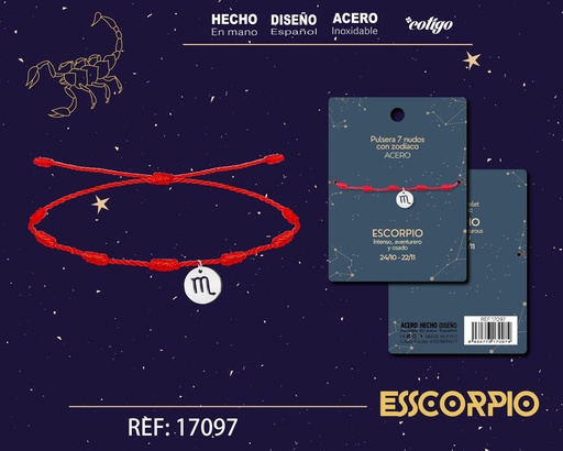 [17097] Pulsera de 7 Nudos con Escorpio en acero color plateado - Pulseras zodiacales