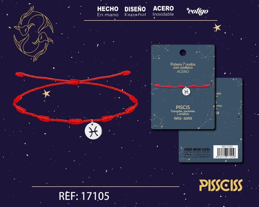 [17105] Pulsera de 7 Nudos con Piscis en acero color plateado - Pulseras zodiacales