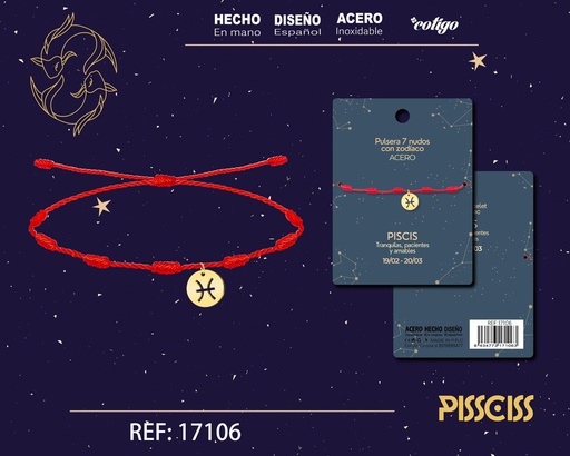 [17106] Pulsera de 7 Nudos con Piscis en acero color dorado - Pulseras zodiacales