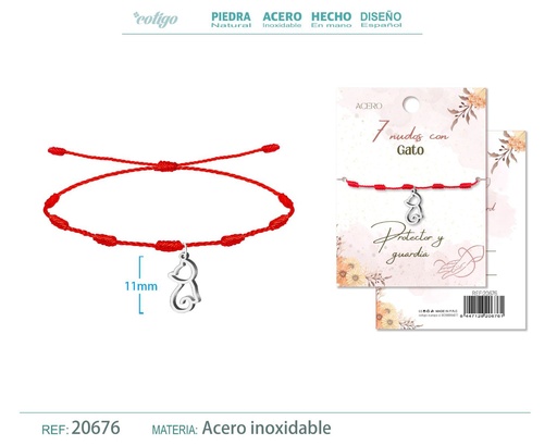 [20676] Pulsera de 7 Nudos con Gato color plateado - Pulseras de suerte y protección