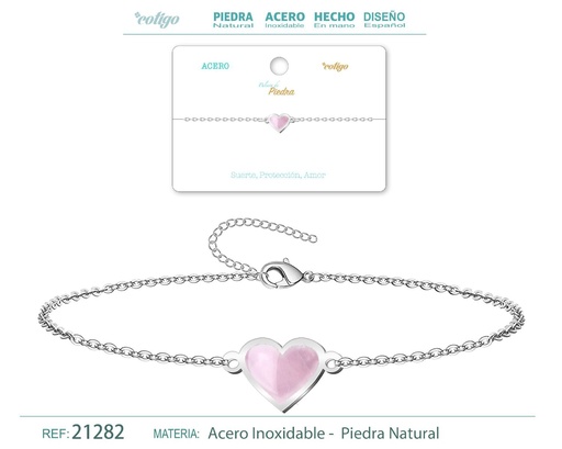 [21282] Pulsera Corazón de Cuarzo rosa en acero plateado - Pulsera de acero de moda