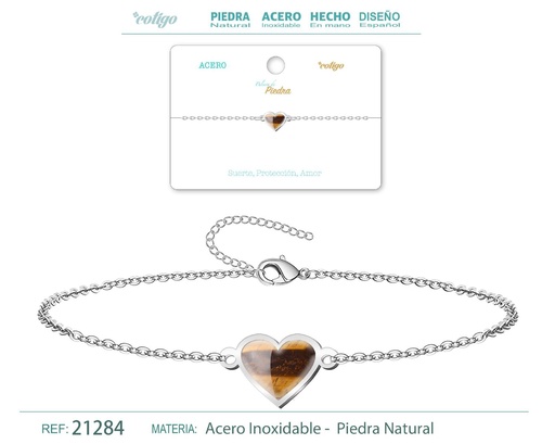 [21284] Pulsera Corazón de Ojo tigre en acero plateado - Pulsera de acero de moda