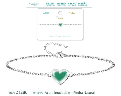 [21286] Pulsera Corazón de Aventurina verde en acero plateado - Pulsera de acero de moda