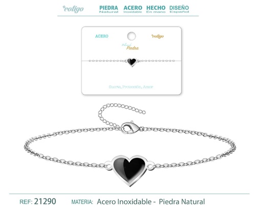 [21290] Pulsera Corazón de Ágata negra en acero plateado - Pulsera de acero de moda