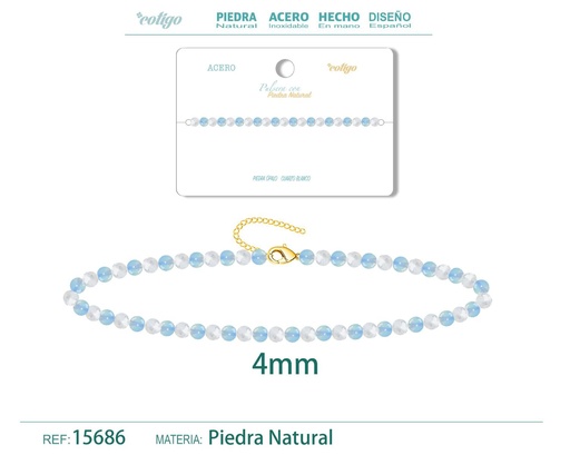 [15686] Pulsera de Cuarzo blanco y Opalina 4mm - Pulsera de acero de moda