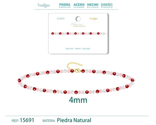 [15691] Pulsera de Carneola, Cuarzo blanco y Cuarzo rosa 4mm - Pulsera de acero de moda