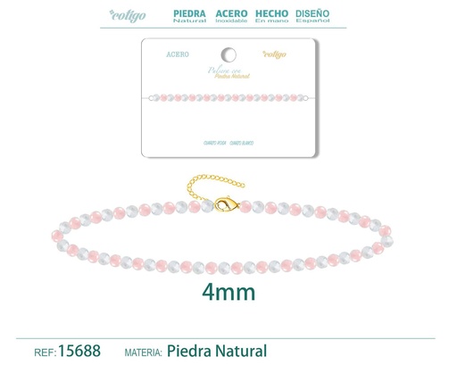 [15688] Pulsera de Cuarzo rosa y Cuarzo blanco 4mm - Pulsera de acero de moda